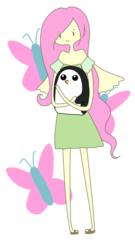 Size: 485x900 | Tagged: safe, artist:giraffewizardry, fluttershy, bird, human, penguin, g4, adventure time, clothes, crossover, cutie mark background, dress, female, gunther, humanized, male, simple background, skinny, style emulation, thin, transparent background, winged humanization, wings