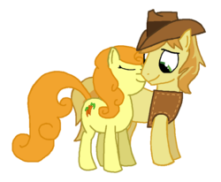 Size: 849x698 | Tagged: safe, artist:soup, braeburn, carrot top, golden harvest, earth pony, pony, g4, duo, female, male, mare, ship:carrotburn, shipping, simple background, stallion, straight, transparent background