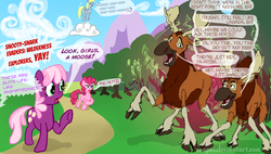 Size: 1280x729 | Tagged: safe, artist:snapai, cheerilee, derpy hooves, pinkie pie, earth pony, moose, pegasus, pony, friendship is witchcraft, g4, accent, brother bear, canadian, crossover, disney, eh, female, implied sweetie bot, look a moose, mare, pronking, raised hoof, singing, snooty snark evaders, strange brew, sweetie bot