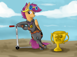 Size: 900x675 | Tagged: safe, artist:opalwhisker, scootaloo, g4, adult, scooter, trophy