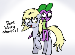 Size: 612x450 | Tagged: safe, artist:spikandfrends, derpy hooves, spike, dragon, pegasus, pony, g4, dragons riding ponies, duo, female, male, mare, riding, riding a pony, ship:derpyspike, shipping, spike riding derpy, straight