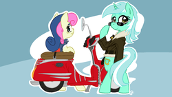 Size: 1366x768 | Tagged: safe, artist:elslowmo, artist:miles, bon bon, lyra heartstrings, sweetie drops, earth pony, pony, unicorn, g4, bipedal, clothes, duo, female, jacket, lesbian, moped, scooter, ship:lyrabon, shipping, sunglasses