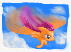 Size: 1242x914 | Tagged: safe, artist:sirustalcelion, scootaloo, pegasus, pony, g4, female, filly, flying, scootaloo can fly, solo