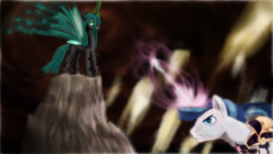 Size: 1366x768 | Tagged: safe, artist:sirustalcelion, queen chrysalis, shining armor, changeling, changeling queen, g4, duo, female