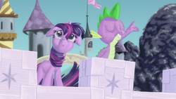 Size: 3200x1800 | Tagged: safe, artist:sirustalcelion, spike, twilight sparkle, g4, season 3, the crystal empire, crystal empire, duo, flowing mane, scene interpretation, the failure song, windswept mane