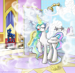 Size: 1800x1750 | Tagged: safe, artist:muffinshire, princess celestia, princess luna, alicorn, pony, g4, crown, ethereal mane, ethereal tail, female, glowing, glowing horn, hairbrush, horn, jewelry, mare, raised hoof, regalia, royal sisters, shower, siblings, singing, sisters, sponge, tail, wet mane