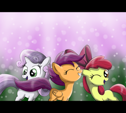 Size: 1317x1176 | Tagged: safe, artist:the-butch-x, apple bloom, scootaloo, sweetie belle, earth pony, pegasus, pony, unicorn, g4, abstract background, black bars, blank flank, cutie mark crusaders, eyes closed, female, filly, foal, letterboxing, one eye closed, open mouth, trio