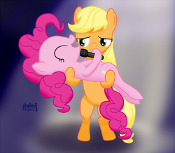 Size: 1080x942 | Tagged: safe, artist:phallen1, applejack, pinkie pie, earth pony, pony, g4, bipedal, carrying, female, lesbian, mare, ship:applepie, shipping, singing