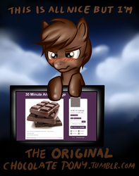 Size: 783x996 | Tagged: safe, artist:tweissie, oc, oc:chocolate pony, chocolate pony, food pony, original species, pony, 30 minute art challenge, blushing, food, looking down, male, ponified, solo