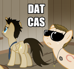 Size: 806x751 | Tagged: safe, artist:glamourkat, alicorn, earth pony, pony, butt, castiel, dat ass, dean winchester, gay, male, meme, non-mlp shipping, plot, ponified, pun, shipping, stallion, sunglasses, supernatural