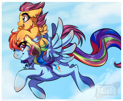 Size: 1516x1245 | Tagged: safe, artist:tartii, rainbow dash, scootaloo, pegasus, pony, g4, chest fluff, cloud, cute, duo, ear fluff, female, filly, flying, mare, open mouth, ponies riding ponies, riding, scootaloo riding rainbow dash, scootalove, sky, spread wings, windswept mane, wings