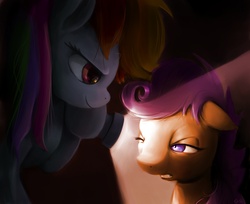 Size: 1036x846 | Tagged: safe, artist:gsphere, rainbow dash, scootaloo, g4, flashlight (object)