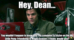 Size: 612x336 | Tagged: safe, artist:skyqueen92, human, computer, irl, irl human, jared padelecki, laptop computer, male, photo, point at him and laugh, sam winchester, supernatural, text