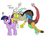 Size: 888x660 | Tagged: safe, artist:klondike, discord, twilight sparkle, draconequus, earth pony, pony, g4, blushing, earth pony twilight, exclamation point, eyes on the prize, female, frown, hornless unicorn, implied anus, looking at butt, male, mare, missing horn, open mouth, plothole, pun, simple background, surprised, tail lift, tail pull, white background, wide eyes