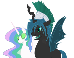 Size: 1600x1246 | Tagged: source needed, useless source url, safe, artist:wolfsknight, princess celestia, queen chrysalis, alicorn, changeling, pony, g4, changeling king, female, king metamorphosis, mare, mind control, rule 63, simple background, transparent background