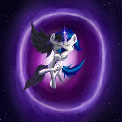 Size: 900x900 | Tagged: safe, artist:manearion, dj pon-3, octavia melody, vinyl scratch, g4, female, kissing, lesbian, ship:scratchtavia, shipping, space