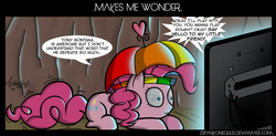 Size: 5700x2800 | Tagged: safe, artist:zsparkonequus, pinkie pie, earth pony, pony, g4, comic, dialogue, eye reflection, female, hat, high res, mare, pinkie being pinkie, pinkie sense, reflection, say hello to my little friend, scarface, shrunken pupils, solo, speech bubble, television, twitchy tail, umbrella hat