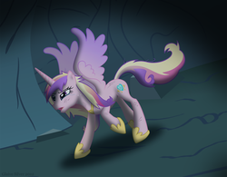 Size: 1800x1403 | Tagged: safe, artist:glaive-silver, princess cadance, alicorn, pony, g4, cave, crying, female, galloping, mare, messy mane, open mouth, running, solo, spread wings, squint, tunnel, wings