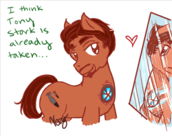 Size: 700x553 | Tagged: dead source, safe, artist:vergoftowels, pony, dialogue, heart, iron man, mirror, ponified, simple background, solo, tony stark, white background