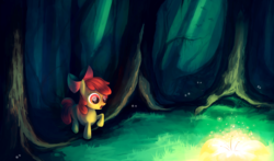 Size: 1920x1131 | Tagged: dead source, safe, artist:chimicherrychonga, apple bloom, earth pony, pony, g4, everfree forest, female, flower, glowing, solo