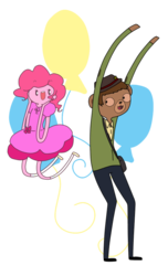 Size: 517x853 | Tagged: safe, artist:giraffewizardry, pinkie pie, bear, human, g4, adventure time, clothes, crossover, cutie mark background, dress, female, humanized, male, party pat, simple background, transparent background, weird al yankovic