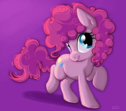 Size: 800x711 | Tagged: safe, artist:cobracookies, pinkie pie, earth pony, pony, g4, cute, diapinkes, female, filly, filly pinkie pie, purple background, simple background, solo, younger