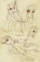 Size: 1000x1522 | Tagged: safe, artist:soukitsubasa, octavia melody, earth pony, pony, g4, cello, female, monochrome, musical instrument, on back, sheet music, sketch, sketch dump, solo