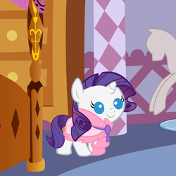 Size: 4800x4800 | Tagged: safe, artist:beavernator, rarity, pony, g4, absurd resolution, babity, baby, baby pony, bathrobe, carousel boutique, clothes, filly, foal, mannequin, robe, solo