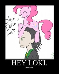 Size: 600x750 | Tagged: safe, artist:animefreak9001, pinkie pie, human, pony, g4, loki, okie doki loki, ponies riding humans, pony hat, riding