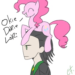 Size: 800x800 | Tagged: safe, artist:realbarenziah, pinkie pie, human, pony, g4, loki, okie doki loki, ponies riding humans, pony hat, riding