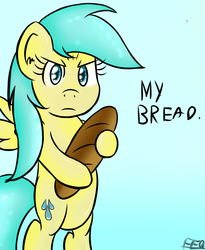 Size: 900x1100 | Tagged: safe, artist:freefraq, sunshower raindrops, pony, g4, bread, female, solo, that pony sure does love bread