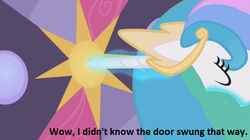 Size: 640x358 | Tagged: safe, edit, edited screencap, screencap, princess celestia, pony, g4, door, female, mare, pun, solo