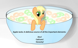 Size: 900x557 | Tagged: safe, applejack, g4, apple jacks, cereal, element of honesty, pun