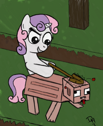 Size: 614x756 | Tagged: safe, artist:dennyhooves, sweetie belle, pig, pony, unicorn, g4, abuse, claire corlett, grin, minecraft, shovel, smiling, that was fast, tongue out
