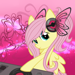 Size: 550x550 | Tagged: safe, artist:oathkeeper21, fluttershy, butterfly, pegasus, pony, g4, disc jockey, female, headphones, pink background, simple background, solo, turntable