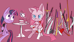 Size: 1920x1090 | Tagged: safe, artist:voids-edge, pinkie pie, twilight sparkle, g4, cake, pinkamena diane pie, question pinkamena, sword, tea party