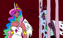 Size: 810x486 | Tagged: safe, artist:connie-lingus, princess celestia, queen chrysalis, g4, dark skin, horn, horned humanization, humanized, winged humanization