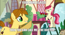 Size: 1280x686 | Tagged: safe, artist:jan, doctor whooves, mandopony, roseluck, time turner, earth pony, pony, picture perfect pony, g4, butt, caption, doctor who, doctor whooves is not amused, female, image macro, male, mare, meme, plot, rose, rosebutt, roseluck is not amused, stallion, tactless mandopony, this didn't age well, unamused