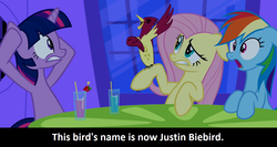 Size: 1230x654 | Tagged: safe, fluttershy, rainbow dash, twilight sparkle, g4, justin biebird, meta