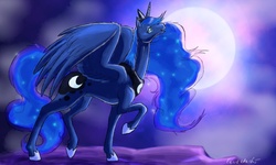 Size: 1280x768 | Tagged: safe, artist:eeveetachi, princess luna, pony, g4, female, moon, night, raised hoof, solo