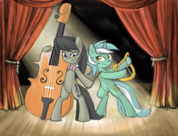 Size: 1300x1000 | Tagged: safe, artist:riafire, lyra heartstrings, octavia melody, earth pony, pony, unicorn, g4, bipedal, cello, duo, duo female, female, lyre, musical instrument