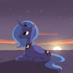 Size: 512x512 | Tagged: safe, artist:karzahnii, princess luna, alicorn, pony, g4, female, prone, s1 luna, solo, sunrise, sunset