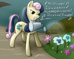 Size: 800x640 | Tagged: safe, artist:willygalleta, bon bon, sweetie drops, earth pony, pony, g4, female, flower, mare, mouth hold, music notes, newbie artist training grounds, singing, solo, watering can