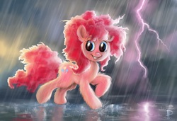 Size: 1920x1316 | Tagged: safe, artist:rom-art, pinkie pie, earth pony, pony, g4, cute, female, fluffy, lightning, messy mane, rain, reflection, solo, static