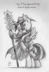 Size: 1229x1786 | Tagged: safe, artist:malimarthemage, oc, oc only, oc:annabelle, alicorn, semi-anthro, alicorn oc, amulet, atg 2012, clothes, dresden files, glowing, gun, hat, jewelry, newbie artist training grounds, staff