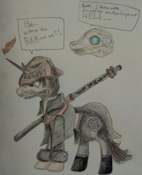 Size: 900x1108 | Tagged: safe, artist:fellangelserenity, oc, oc only, bob the skull, clothes, dresden files, harry dresden, hat, ponified, skull, traditional art