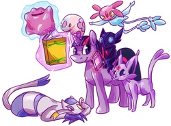 Size: 906x667 | Tagged: safe, artist:kittyarts, twilight sparkle, ditto, espeon, mesprit, mienshao, munna, sableye, g4, crossover, pokémon