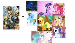 Size: 1864x1066 | Tagged: safe, applejack, fluttershy, pinkie pie, princess celestia, princess luna, rainbow dash, rarity, twilight sparkle, human, pony, g4, crossover shipping, female, hokuto no ken, kenshiro, male, meta, shipping, straight, you decide