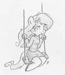 Size: 627x725 | Tagged: safe, artist:swiftcutter, fluttershy, anthro, g4, clothes, cute, female, monochrome, shyabetes, solo, sweater, sweatershy, swing, traditional art, turtleneck