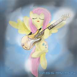 Size: 894x894 | Tagged: safe, artist:fluffywuffs, artist:shadawg, fluttershy, pegasus, pony, g4, bass guitar, bipedal, eyes closed, female, guitar, musical instrument, solo